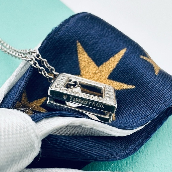 RARE Tiffany & Co. .26 TCW Diamond Open Square Necklace in Platinum w Packaging - Picture 6 of 11